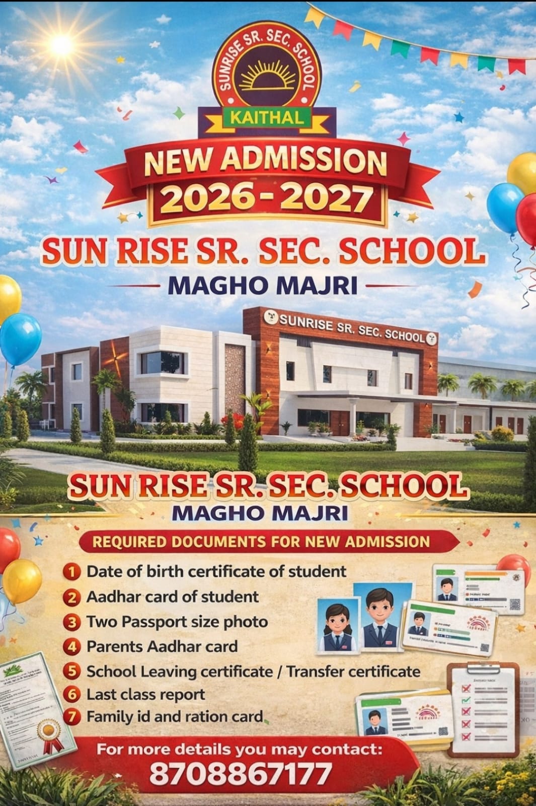Poster listing the documents required for new admission 2026-27 at Sun Rise Sr. Sec. School