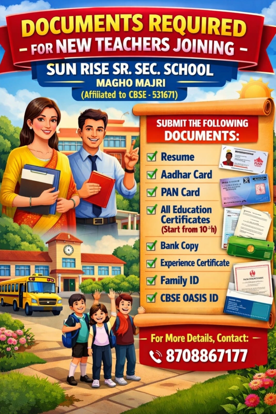 Poster listing the documents required for new teachers joining Sun Rise Sr. Sec. School